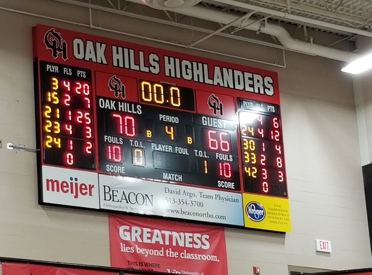 Oak Hills score board showing Oak Hills winning 70-66